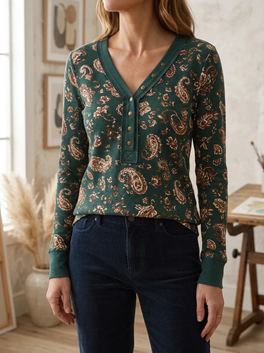 Women's Vintage Paisley Pattern Printed Waffle Knit V-Neck Button T-Shirt