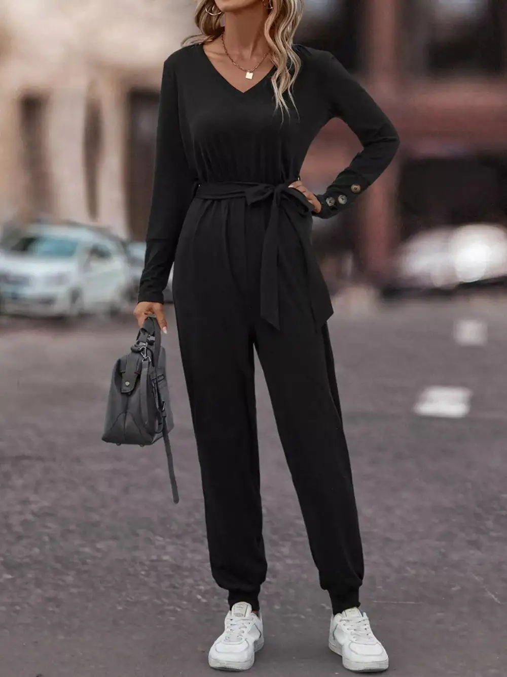 V Neck Long Sleeve Tie Waist Jumpsuit