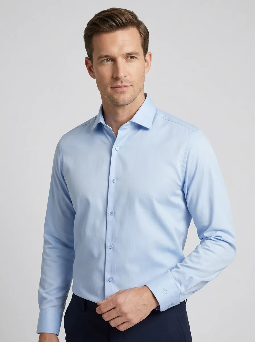 Men's Business Casual Non-Iron Cotton Light Blue Dress Shirt