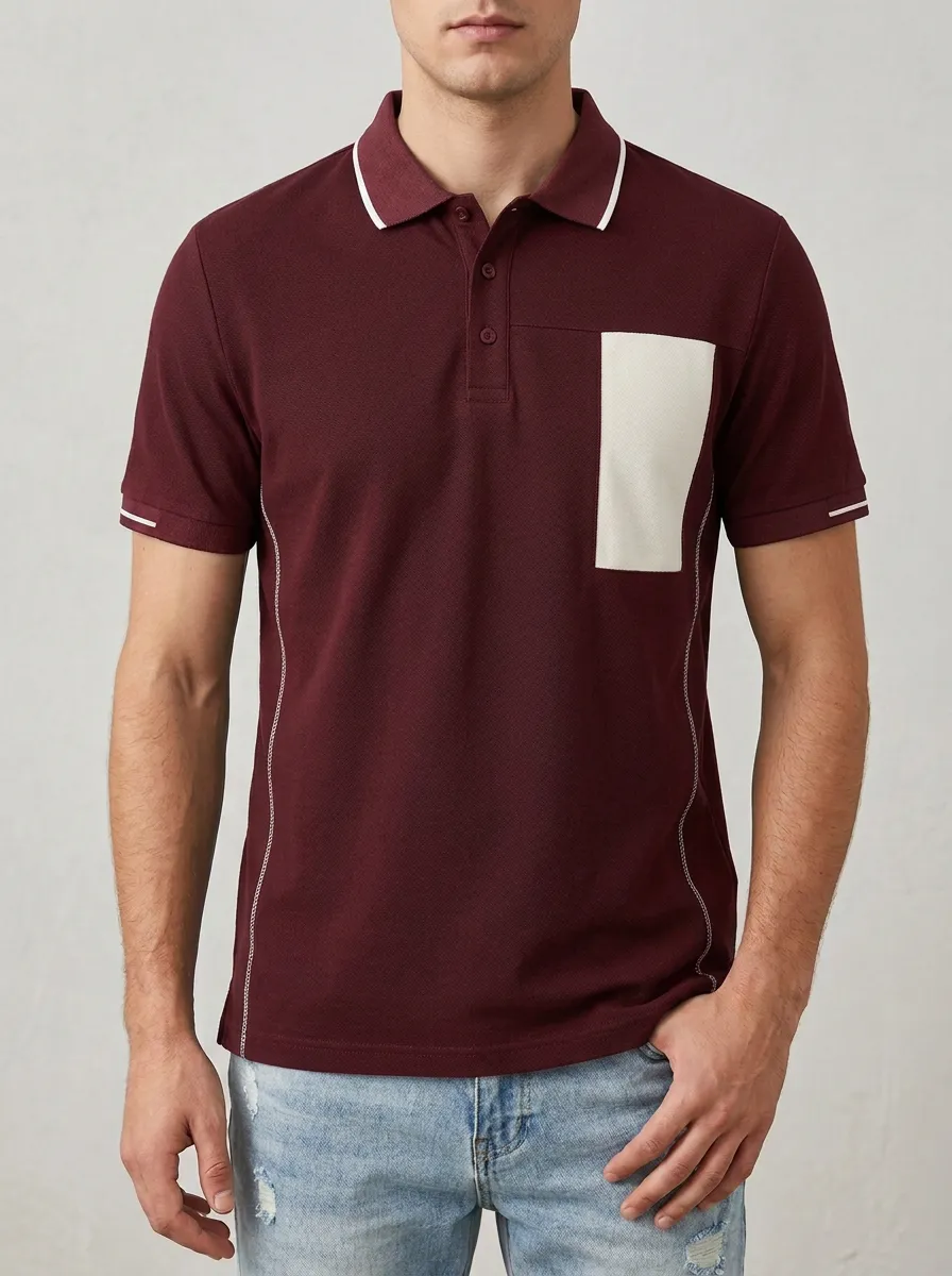 Men's Casual Minimalist Navy Contrast Pocket Printed Polo Shirt