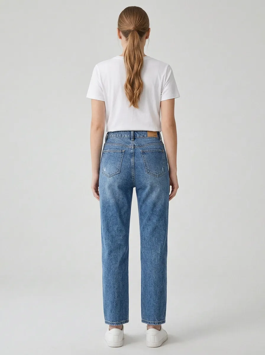 Women's High Waisted Blue Denim Straight Leg Jeans