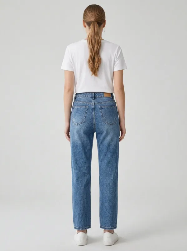 Women's High Waisted Blue Denim Straight Leg Jeans
