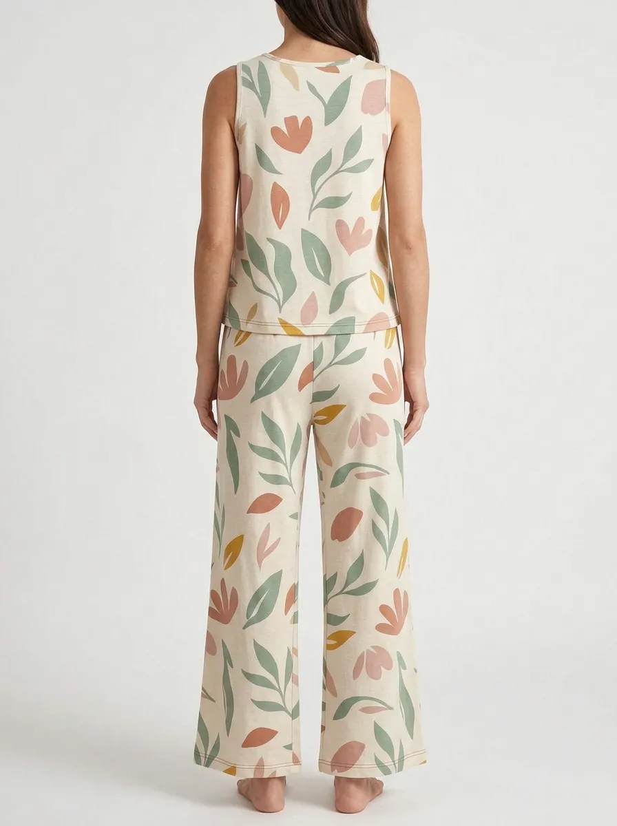 Women's Cream Botanical Sleeveless Top & Wide-Leg Pants Set