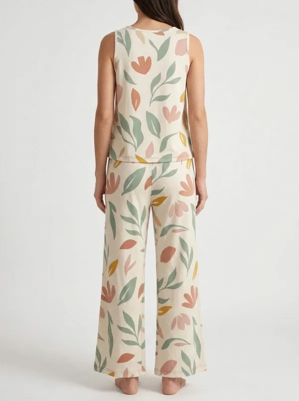 Women's Cream Botanical Sleeveless Top & Wide-Leg Pants Set