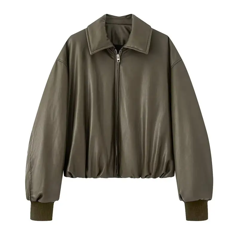 Cropped Quilted Faux Leather Shirt Collar Bomber Jacket