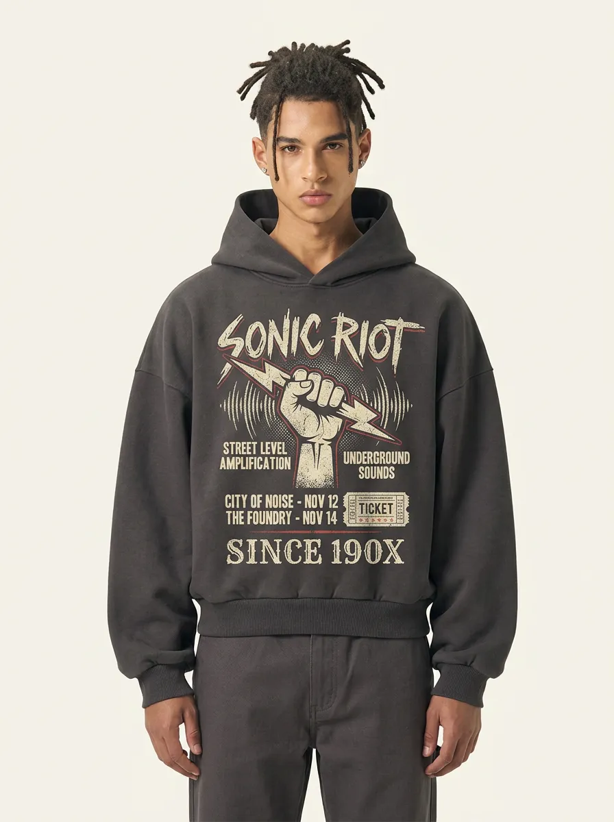 Men‘s Sonic Riot Rock Band Fist Lightning Printed Hoodie