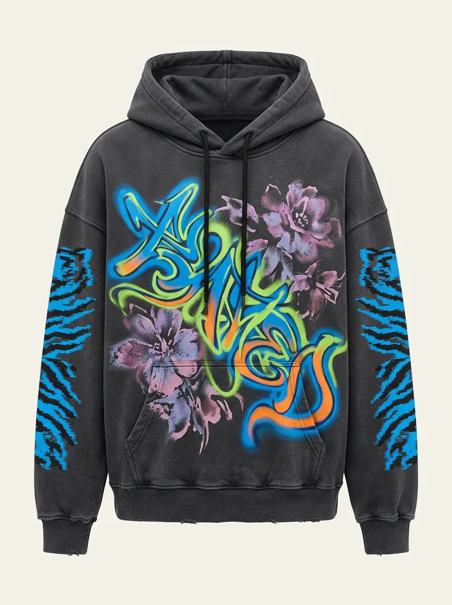 Unisex Streetwear Graffiti Floral Tiger Sleeve Graphic Hoodie