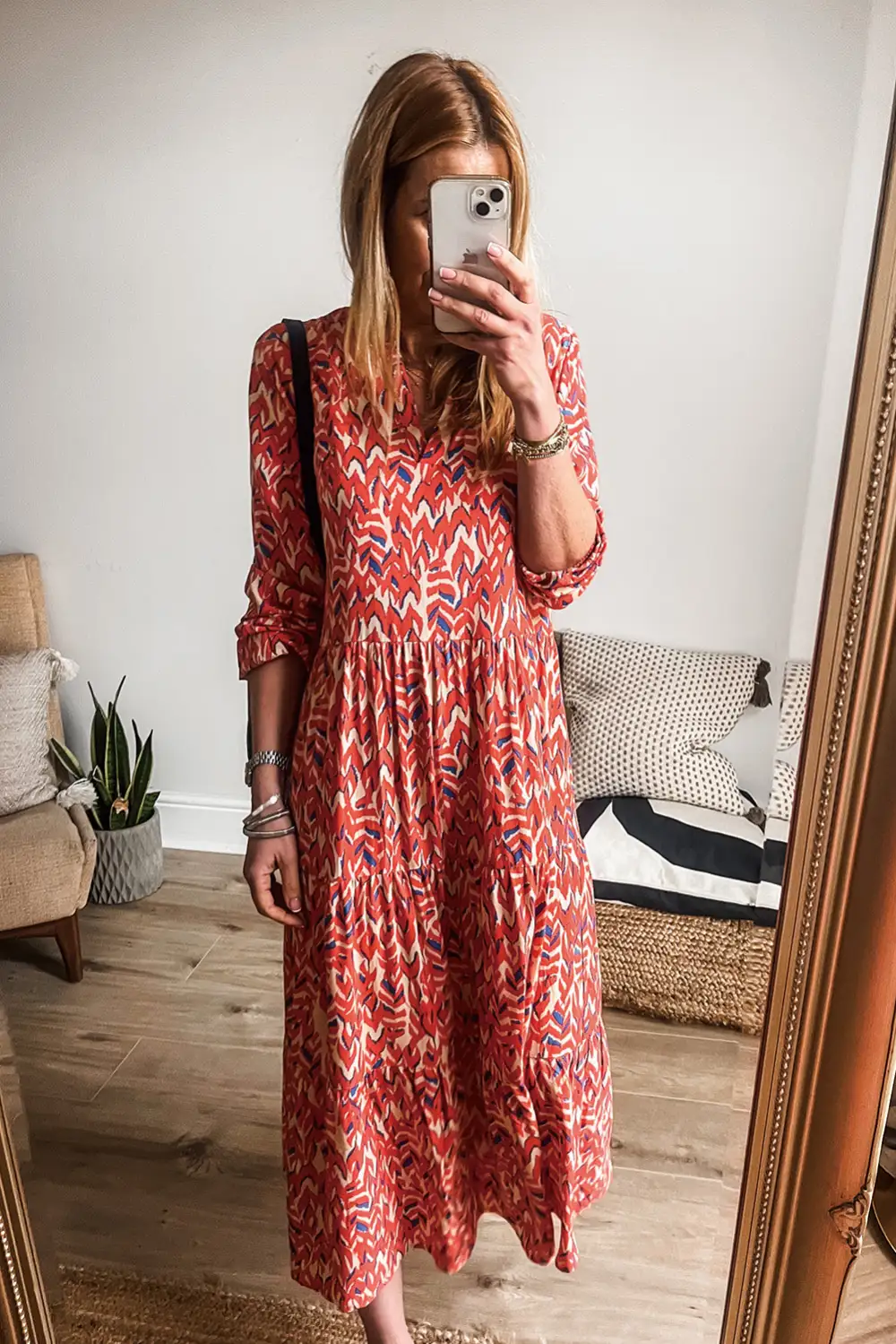 Abstract Print V Neck Pleated Midi Dress