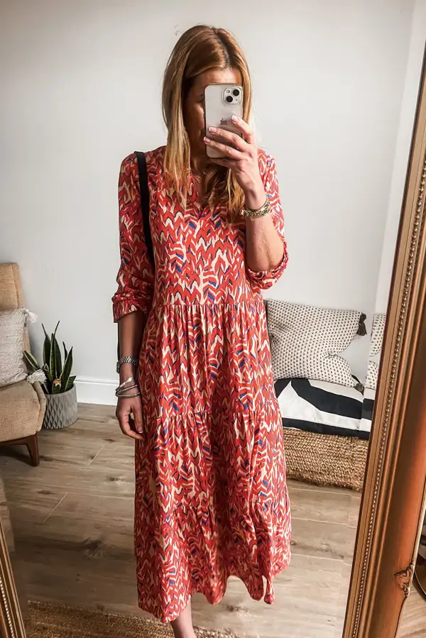 Abstract Print V Neck Pleated Midi Dress