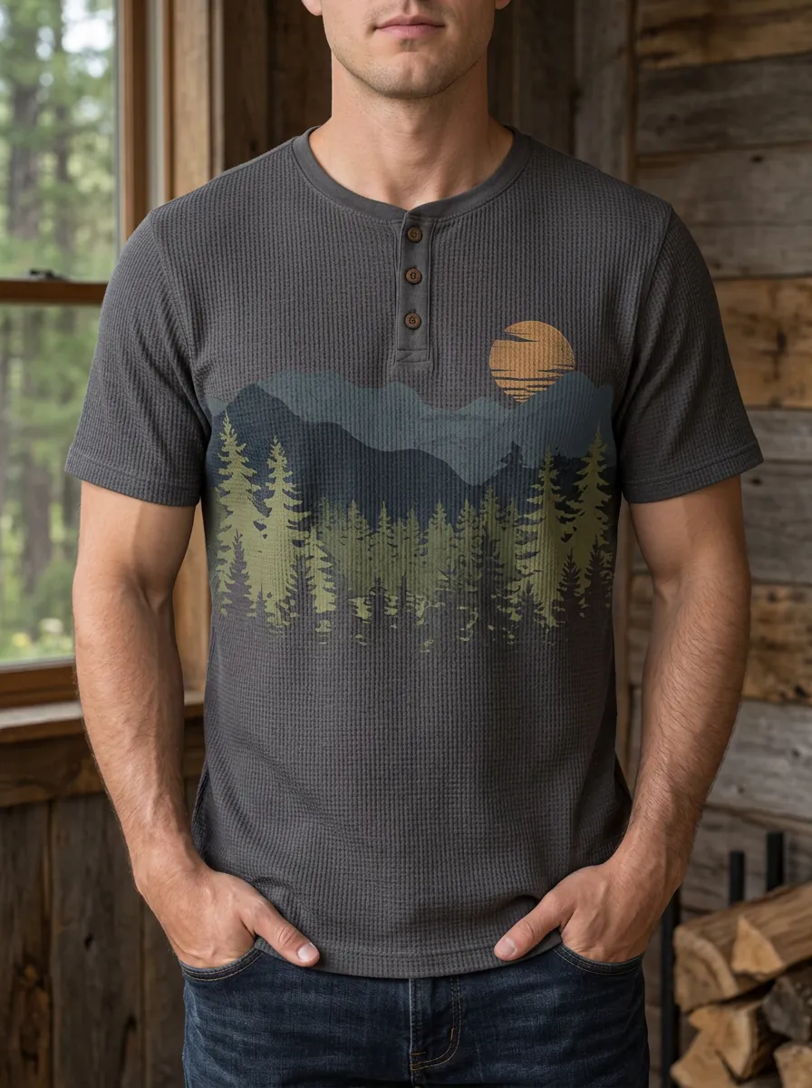 Men's Vintage Inspired Nature Lover Mountain Forest Sunset Henley T-Shirt