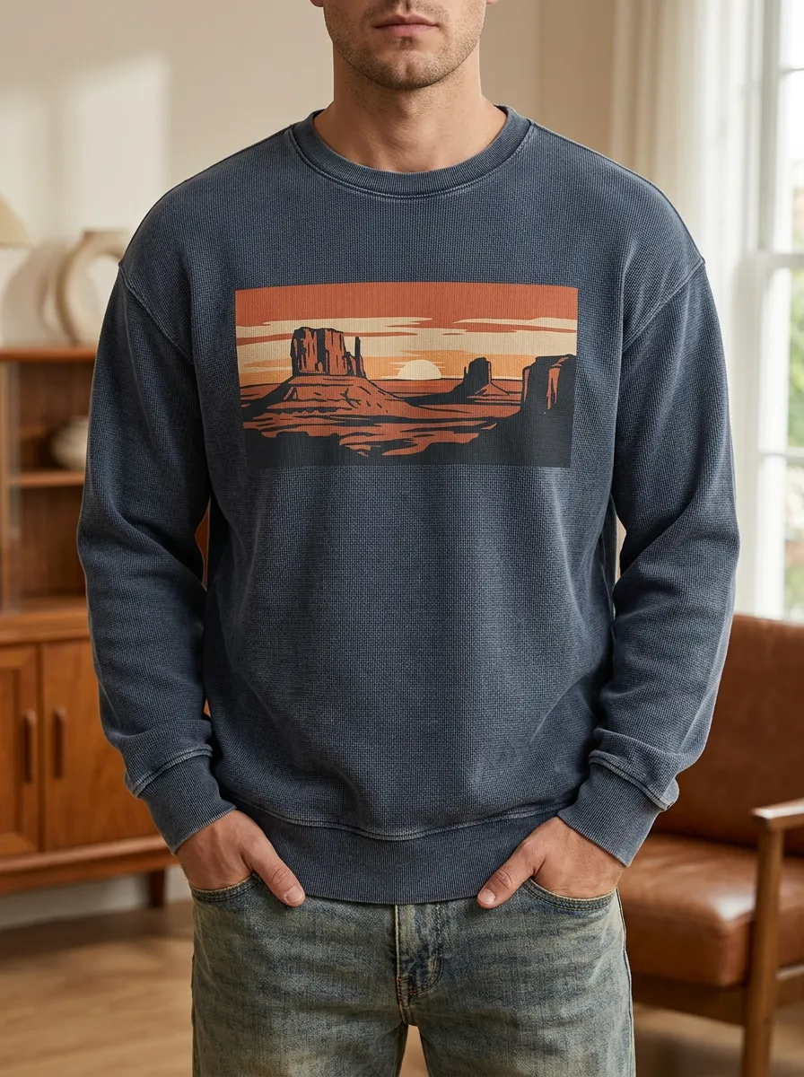Men's Slate Blue Desert Graphic Waffle Crewneck Pullover Sweatshirt