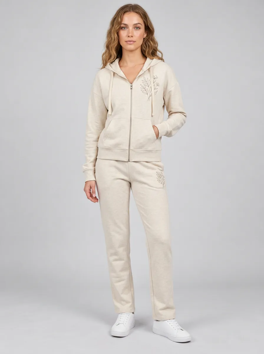 Women's Beige Floral Line Art Embroidered Zip-Up Hoodie Jacket & Straight-Leg Pants Set