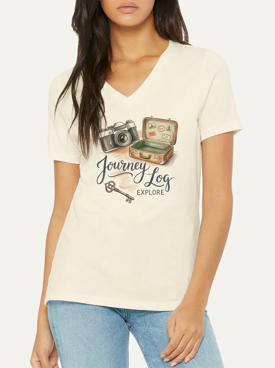 Women's Travel Lover Camera Suitcase Key Printed V-neck T-shirt
