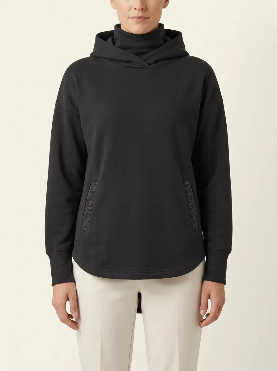 Women's Wave-Trim Rounded-Pocket Funnel-Neck Hoodie