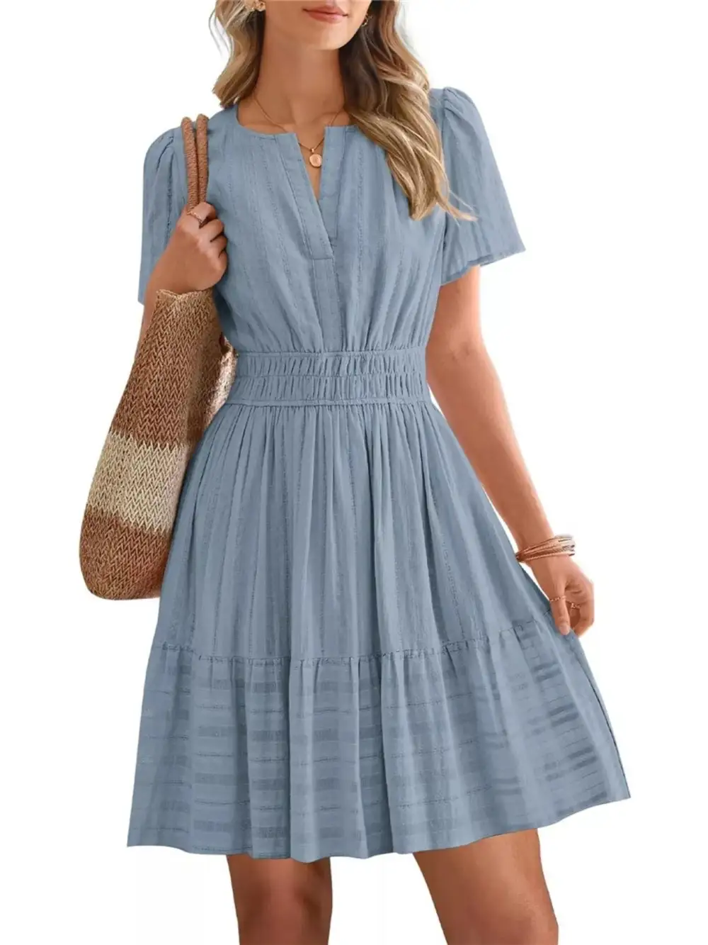 Tiered Smocked Short Sleeve Casual Dress