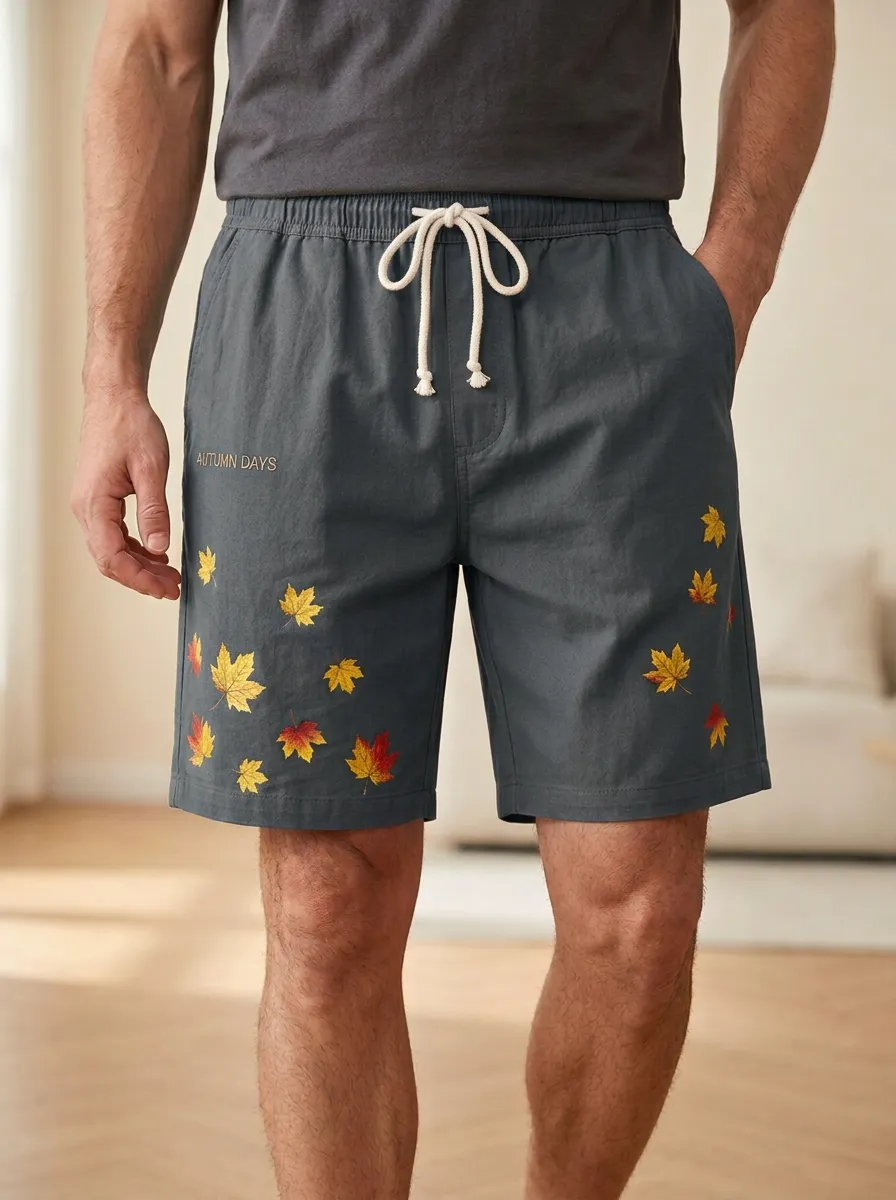 Tan Embroidered Leaf Drawstring Drawstring Shorts