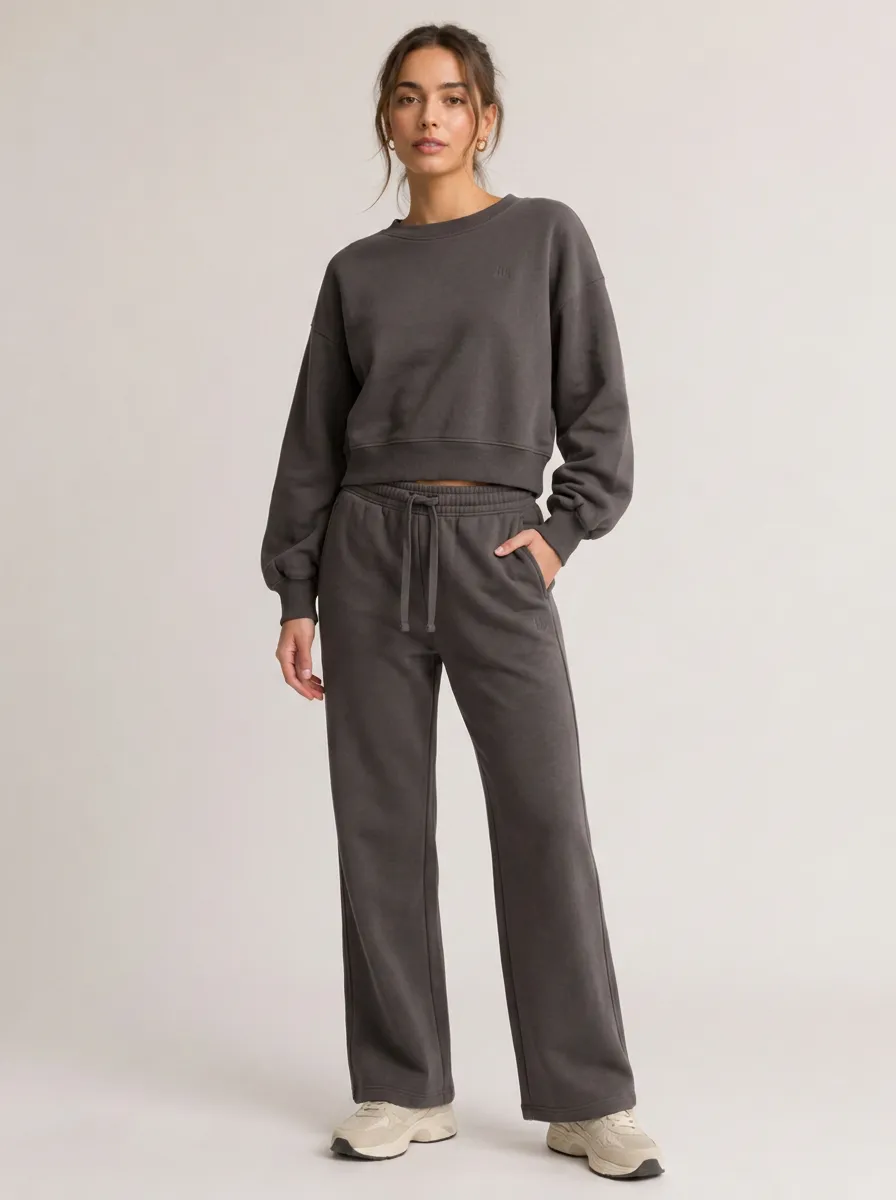 Women's Casual Loungewear Charcoal Solid Printed Sweatshirt Jogger Set