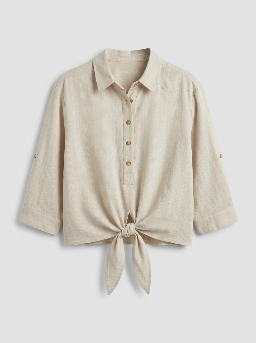 Women's Casual Beige Striped Tie-Front Button-Down Shirt