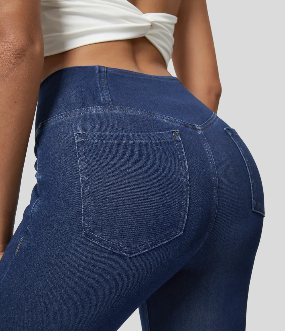 Magic High Waisted Crossover Pocket Cool Touch Washed Stretchy Knit Casual Super Flare Jeans