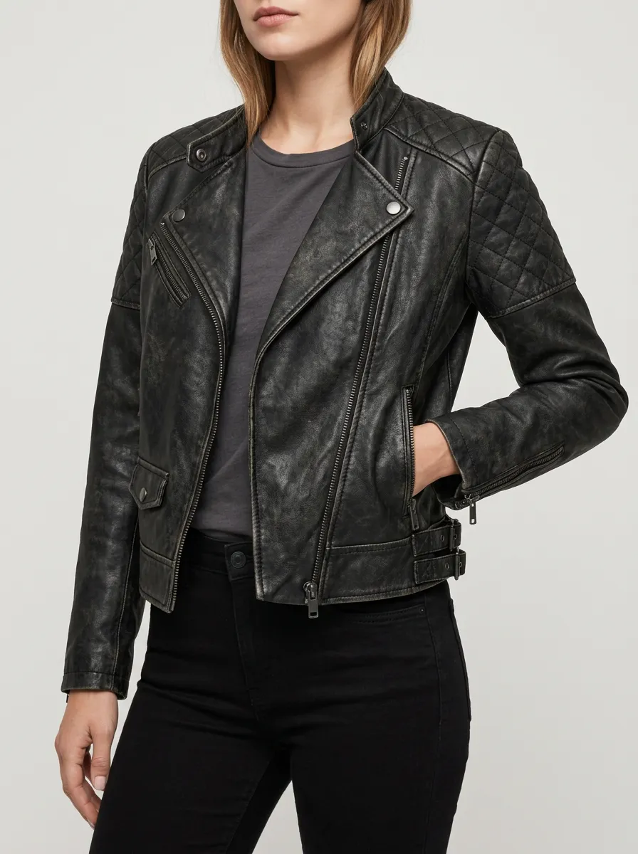 Women's Biker Quilted Shoulder Faux Leather Jacket