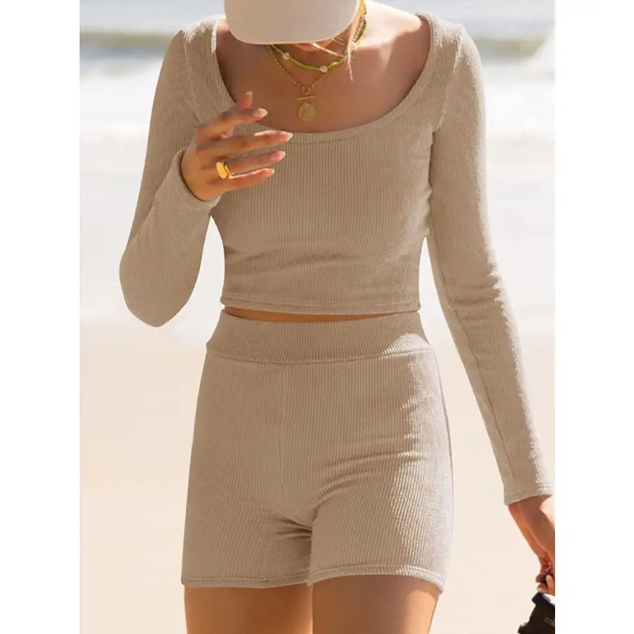Scoop Neck Long Sleeve Top and Shorts Set