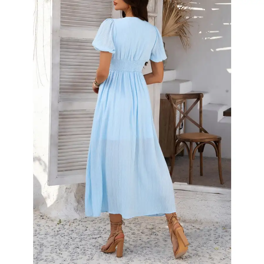 V-Neck Puff Short Sleeve Midi Dress
