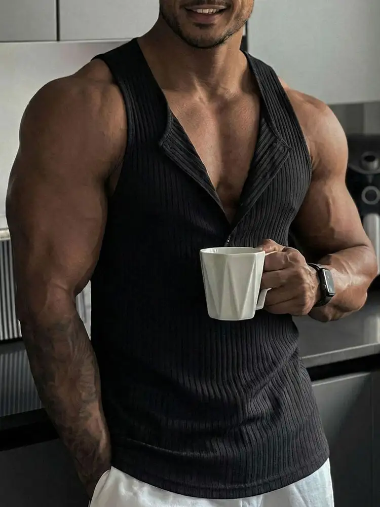 Casual Sporty Vertical Ribbed Henley Tank Top