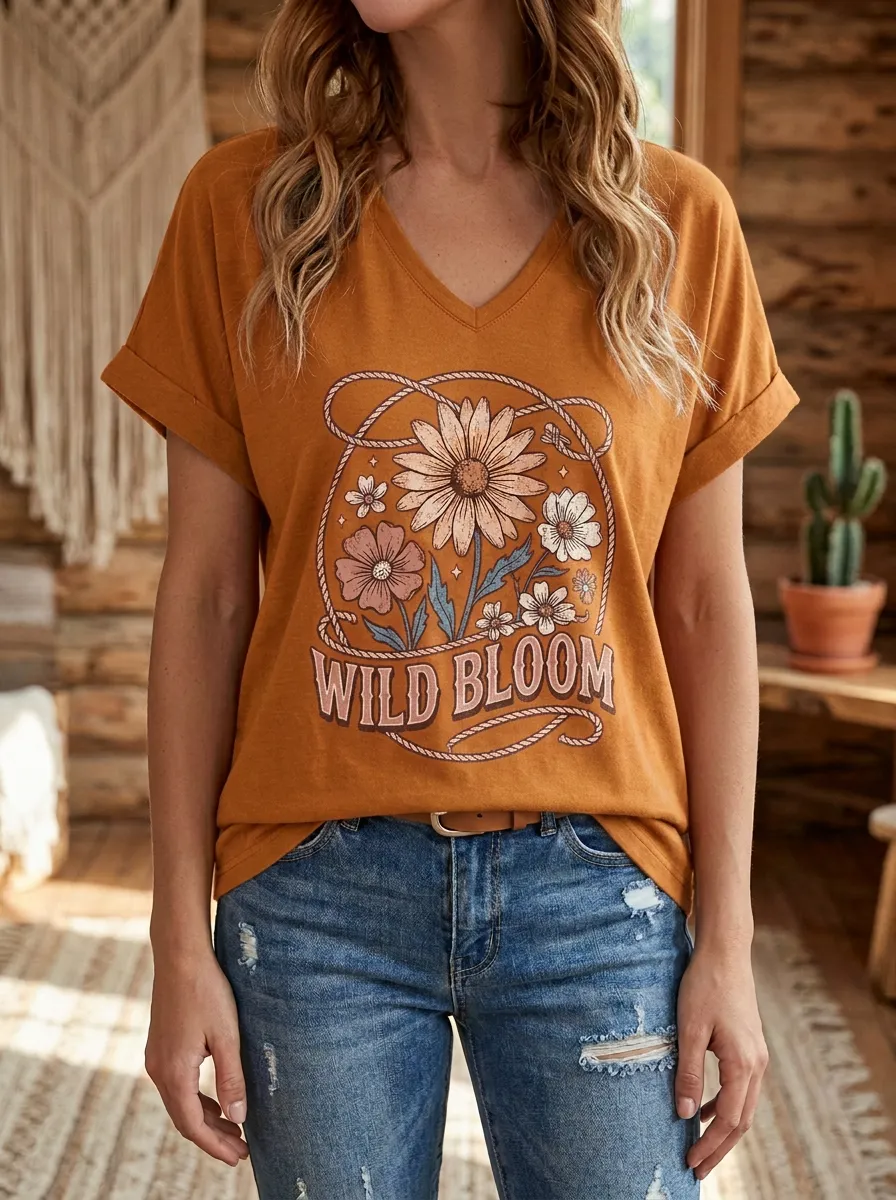 Refined Floral Western Women's V-Neck T-Shirt