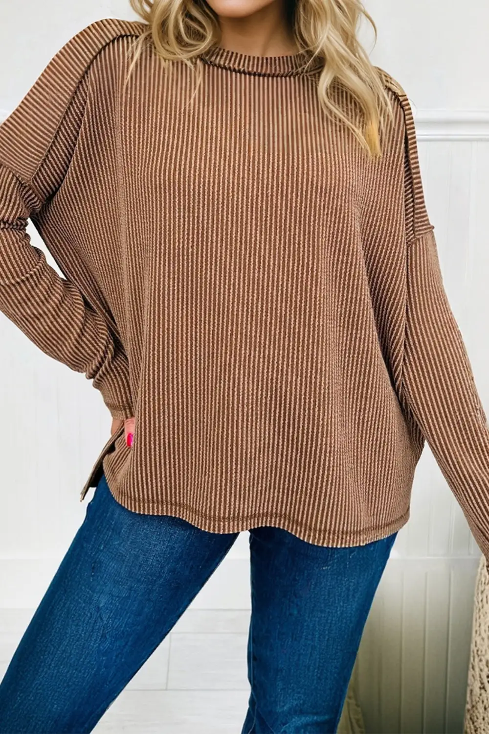 Women's Ribbed Long Sleeve Loose Fit Top