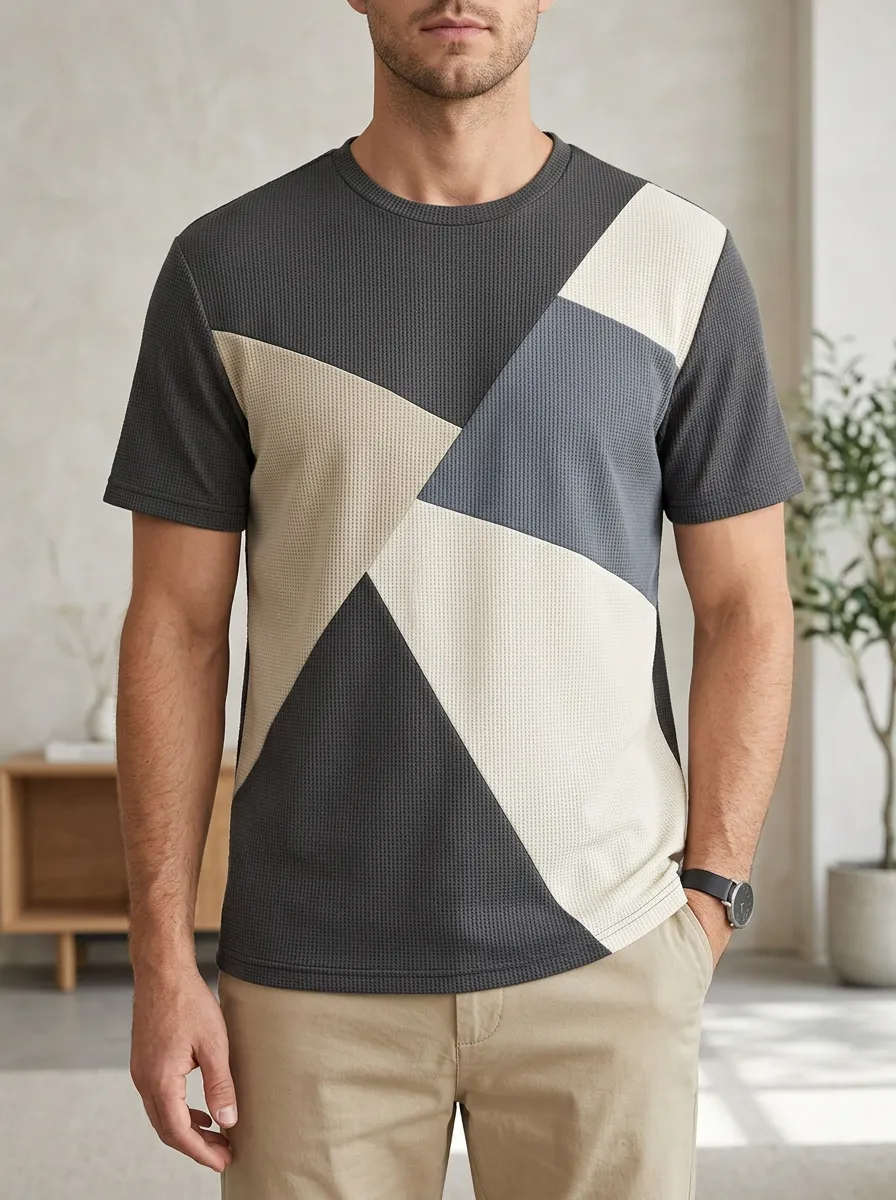 Men's Geometric Colorblock Waffle Knit Statement Crew Neck T-Shirt