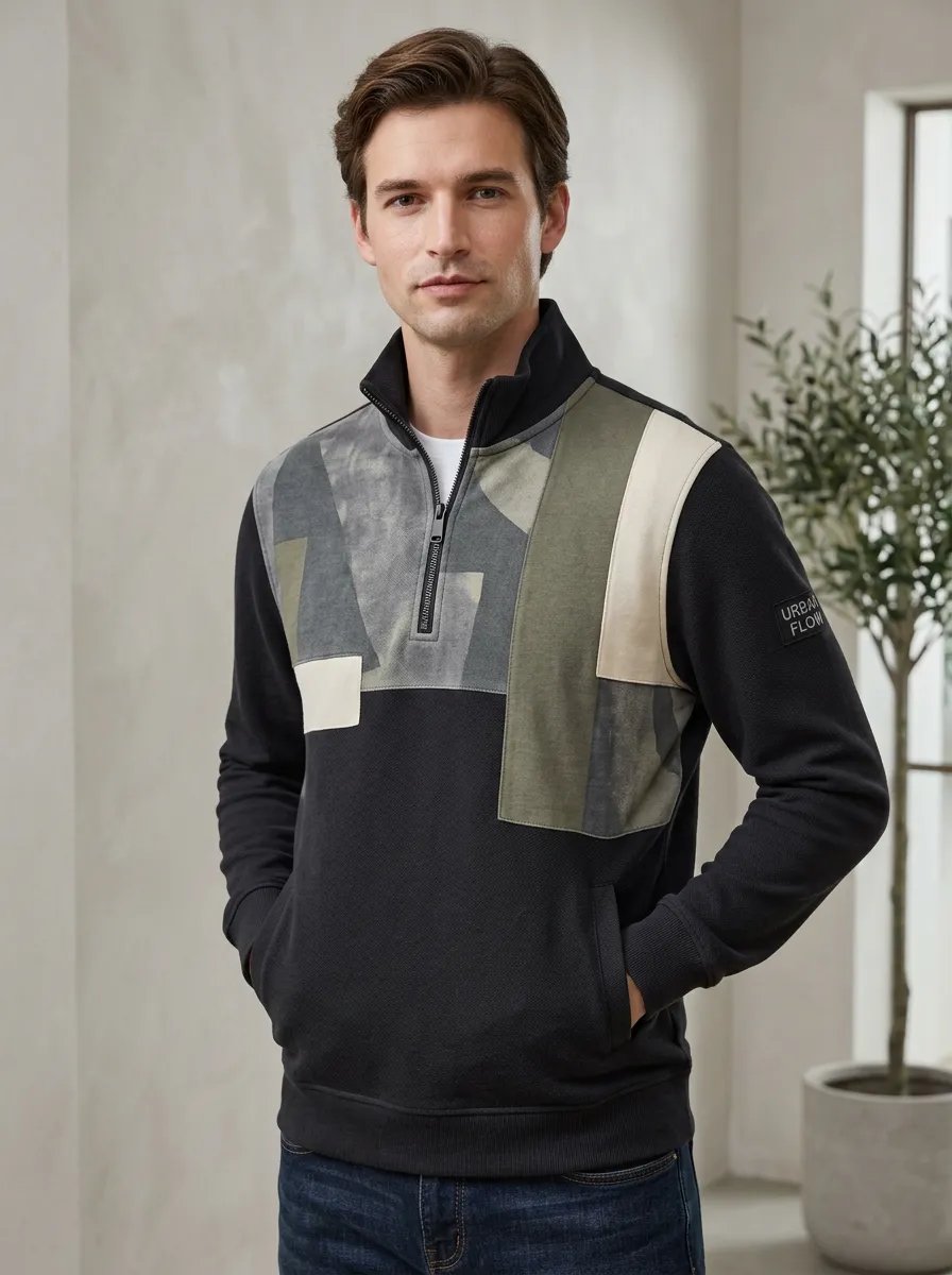 Outdoor-Inspired Half-Zip Geometric Patchwork Men's Half-Zip Sweatshirt