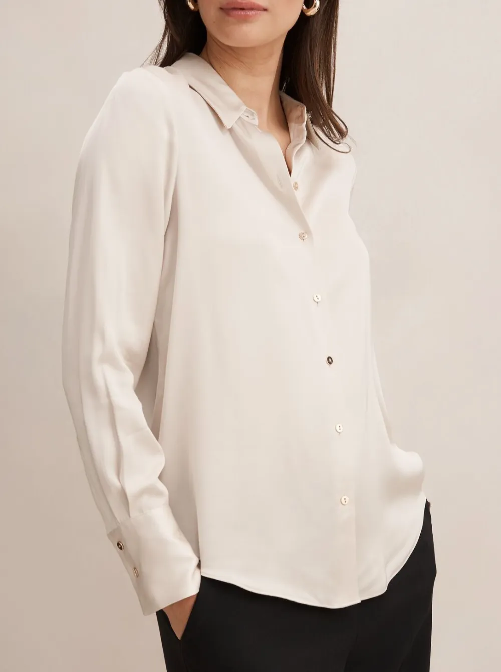 White Satin Long Sleeve Button-Up Shirt