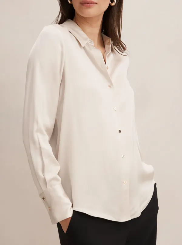 White Satin Long Sleeve Button-Up Shirt