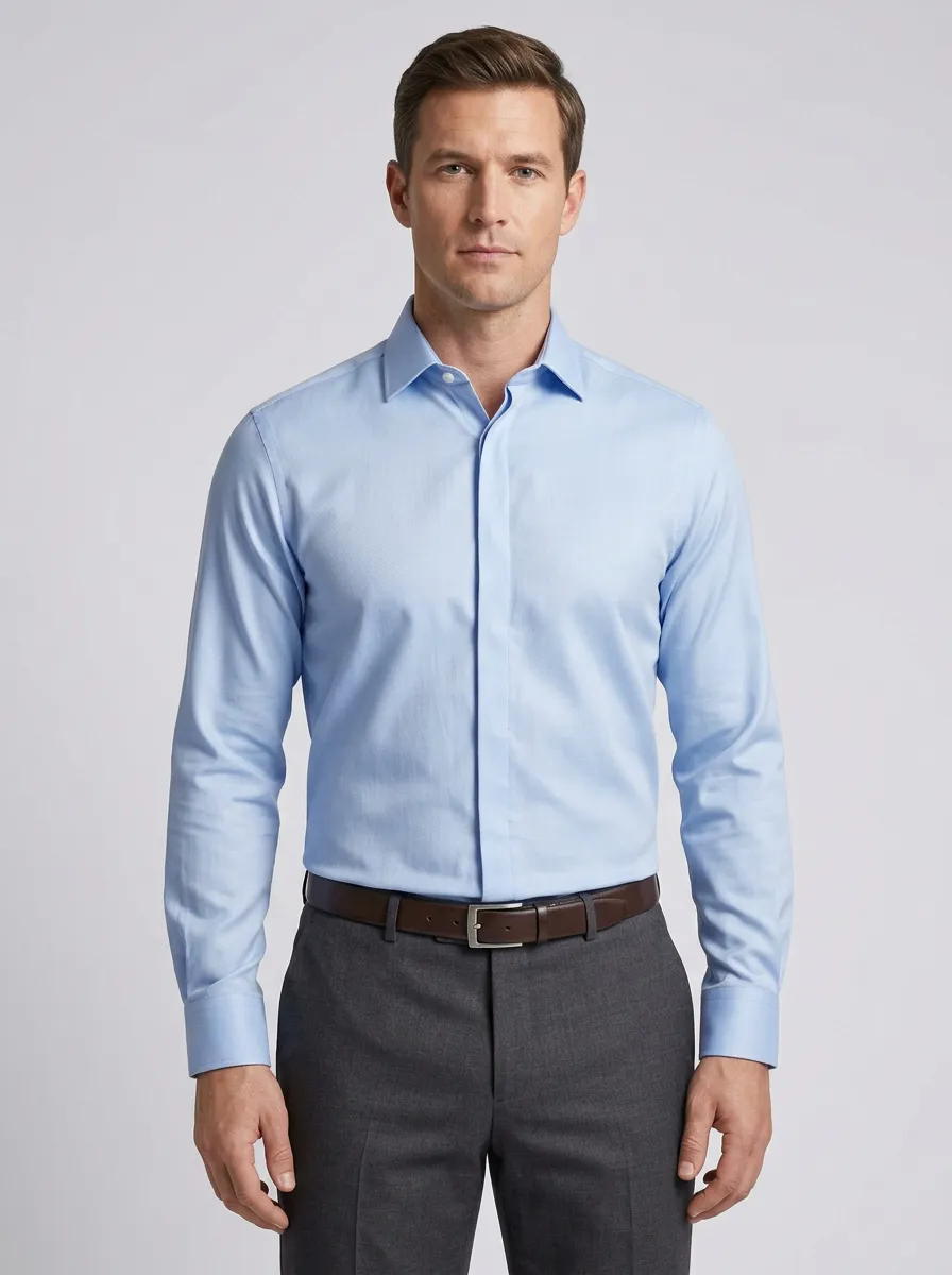 Men's Business Formal Light Blue Solid Long Sleeve Dress Shirt
