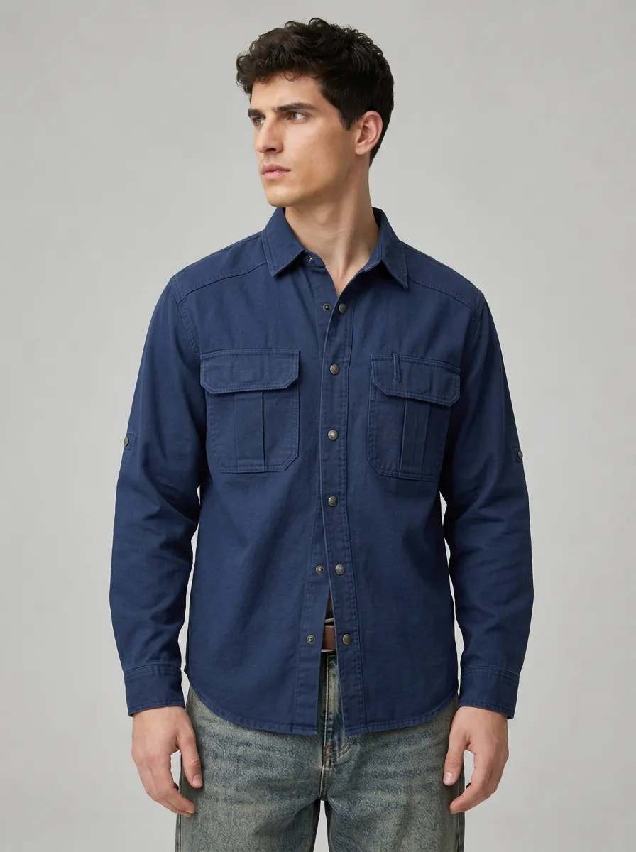 Men's Casual Outdoor Breathable Navy Blue Button-Down Shirt