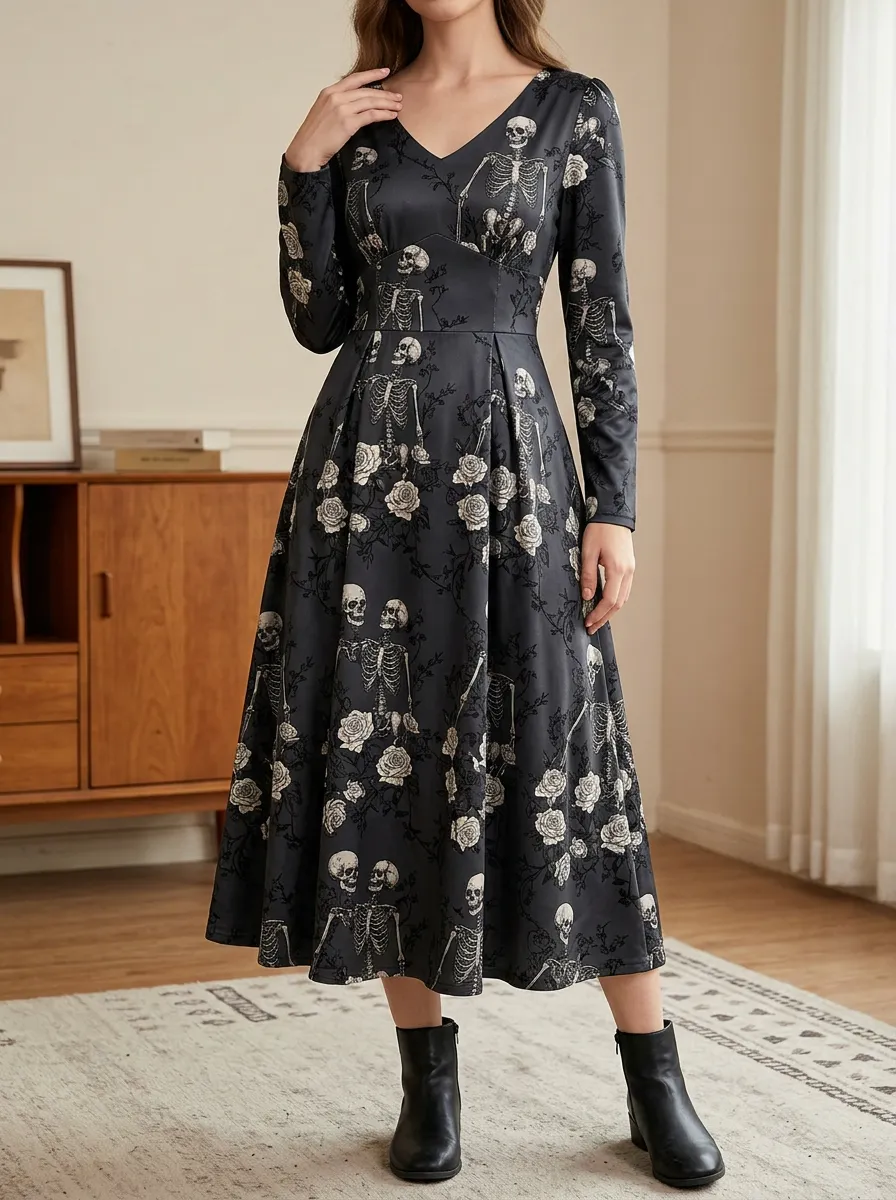 Women's Halloween Gothic Skeleton Rose Printed Midi Dress