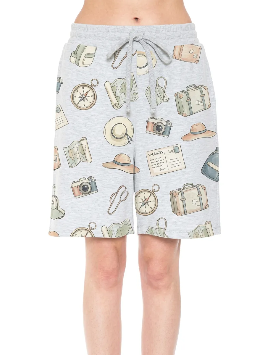 Women's Travel Vacation Map Camera Graphic Shorts