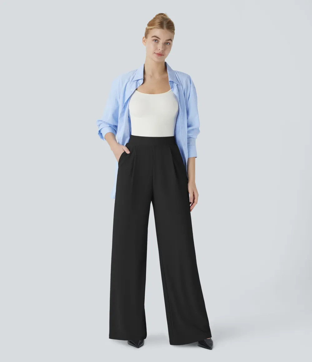  High Waisted Body Sculpt Waist-Slimming Side Pocket Wide Leg Micro Waffle Work Pants