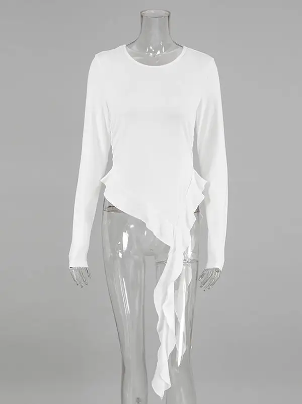 Long Sleeve Slim Fit Pleat Detail Round Neck Polyester T-Shirt