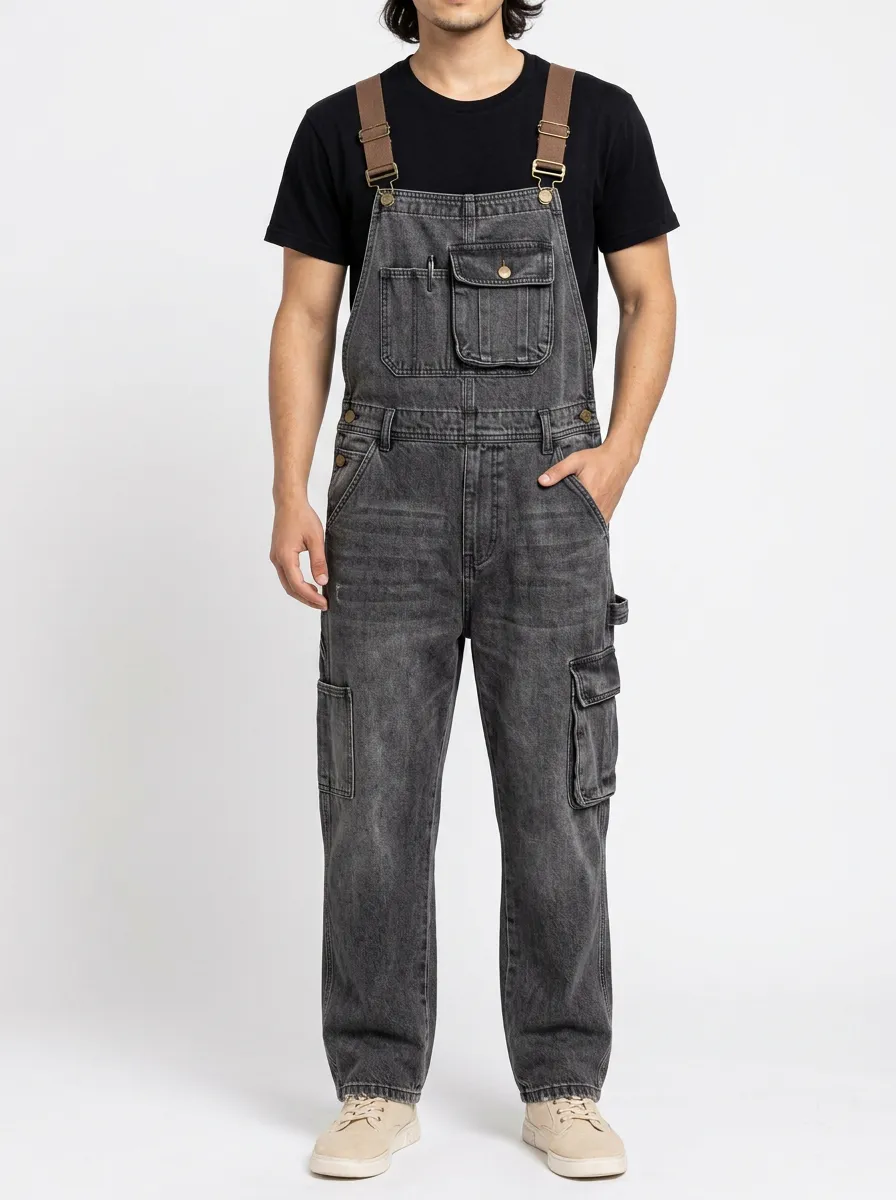 Men's Vintage Washed Black Denim Cargo Overalls