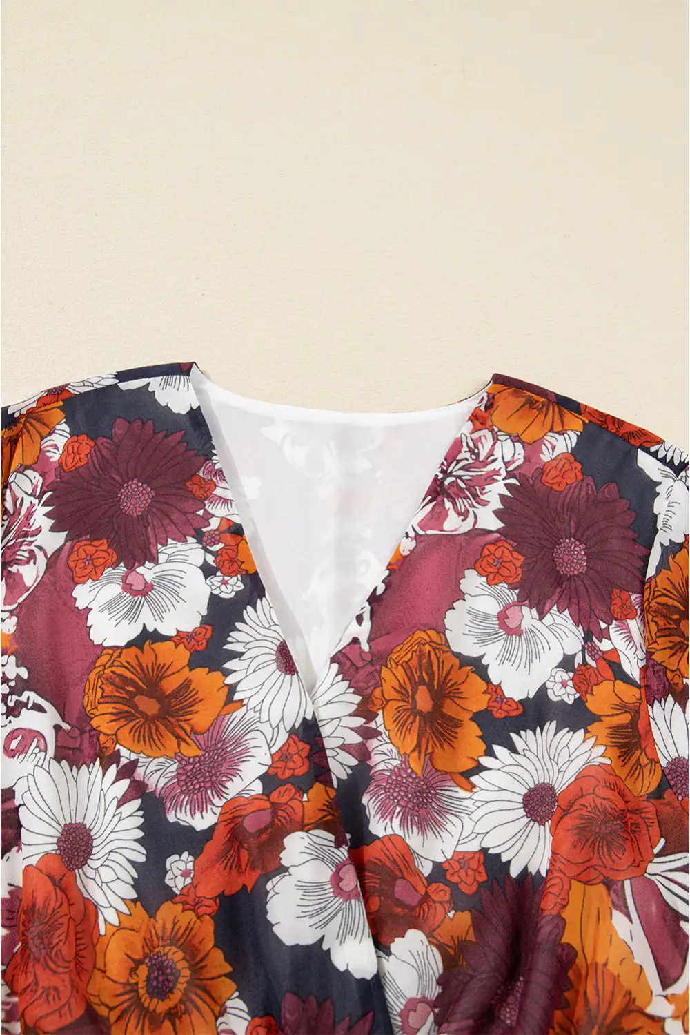 Textured Detail Floral Printed V Neck Mini Dress