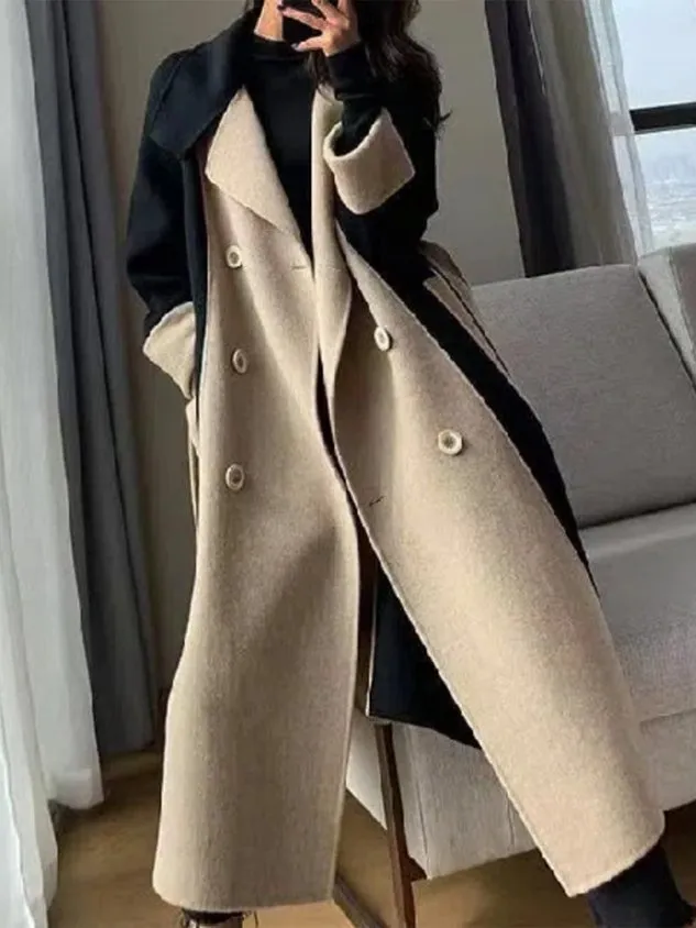 Shawl Collar Long Sleeve Contrast Stitching Buckle Regular Loose Coat For Women