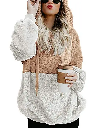 Women Casual Double Fuzzy Sweatshirt Faux Fleece Zip Pullover Hoodies Coat Outwear S-XXL