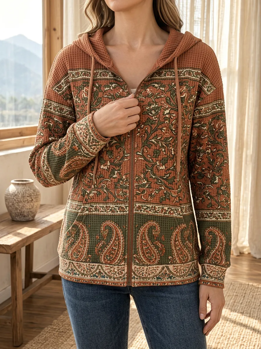 Women's Boho Paisley Floral Signature Pattern Waffle Zip-Up Hoodie