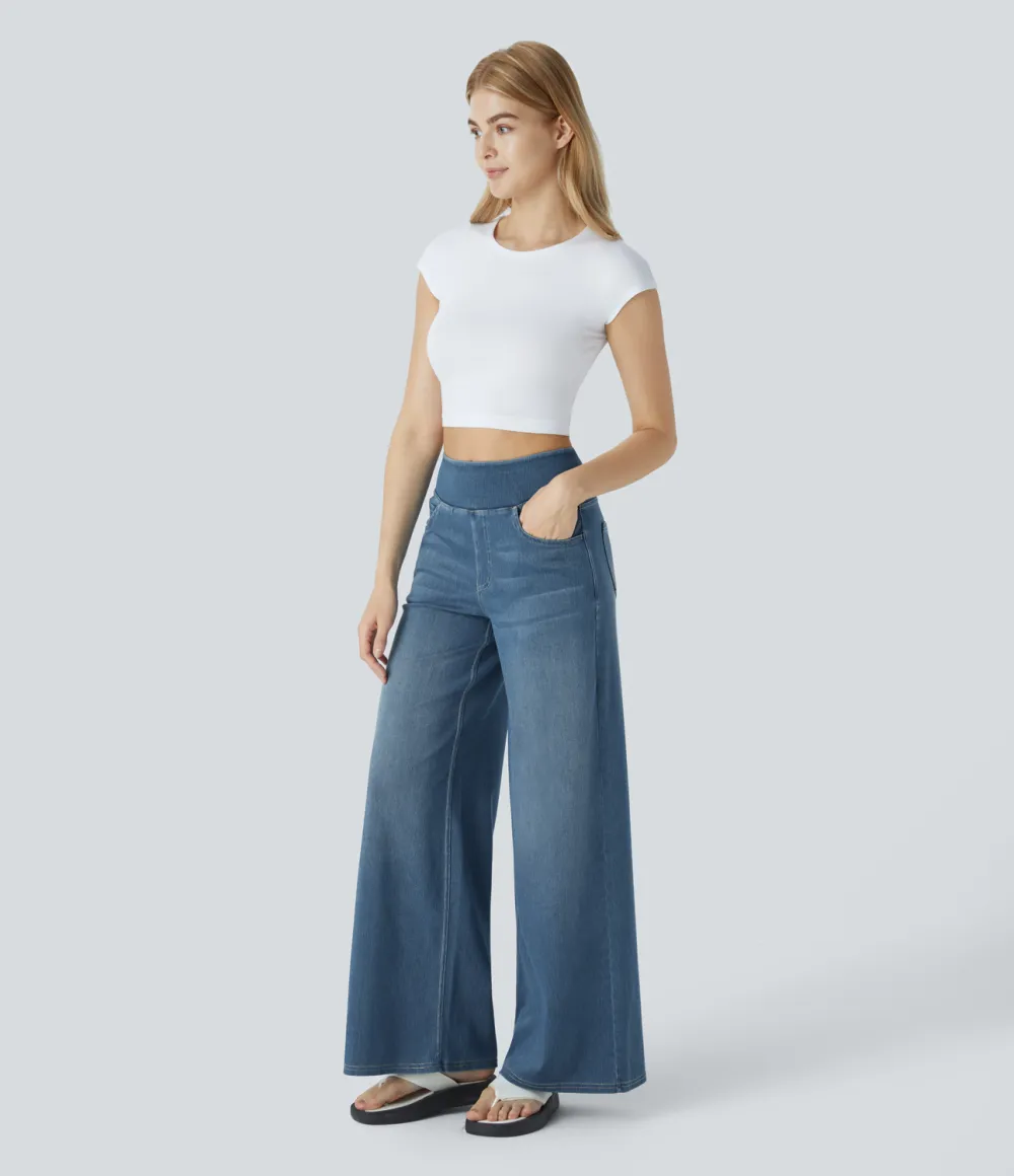 Magic High Waisted Multiple Pockets Wide Leg Washed Stretchy Knit Casual Jeans