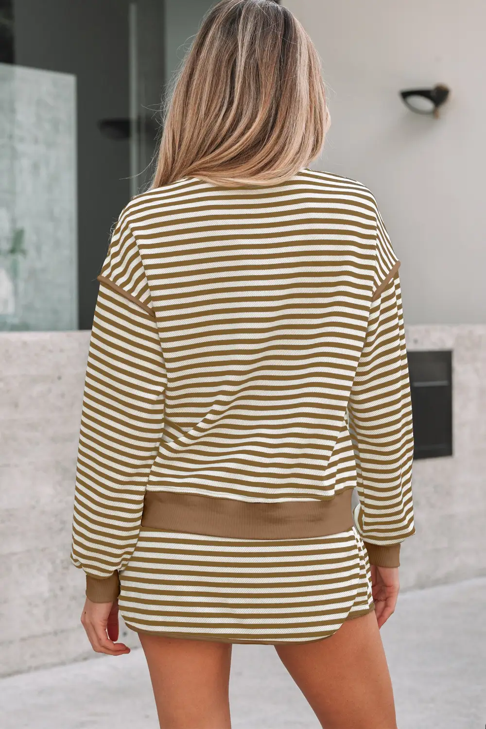 Lightweight Feel Striped Drawstring Drop Shoulder Skirt Set