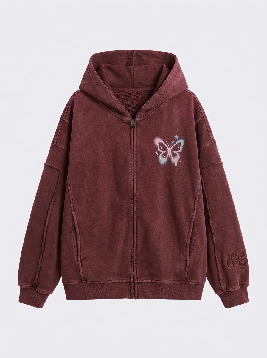 Unisex Streetwear Butterfly Spray Paint Graphic Printed Zip Up Hoodie