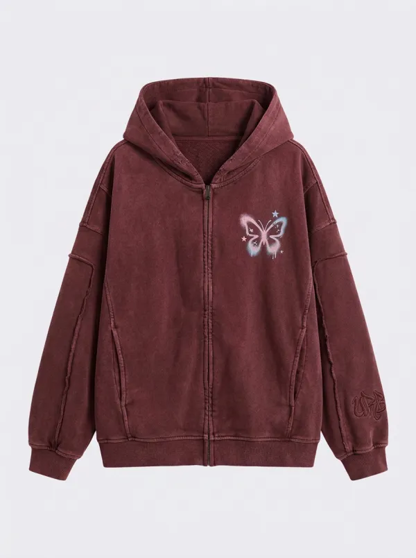 Unisex Streetwear Butterfly Spray Paint Graphic Printed Zip Up Hoodie