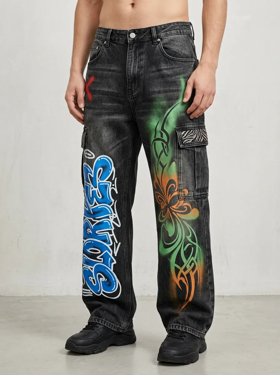 Men's Graffiti Tribal Graphic Cargo Jeans