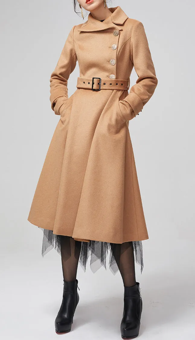 Wool Blend A Line Belted Lapel Collar Asymmetrical Midi Coat